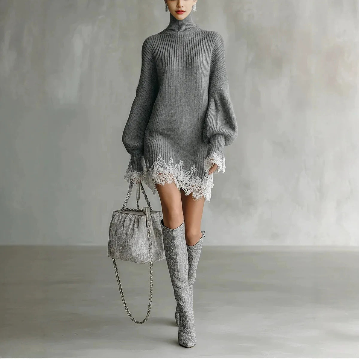 Women's Dress 2026 Spring Autumn New Solid Color Lace Patchwork Long Sleeve Loose Versatile Casual High Neck Knit Sweater Dress