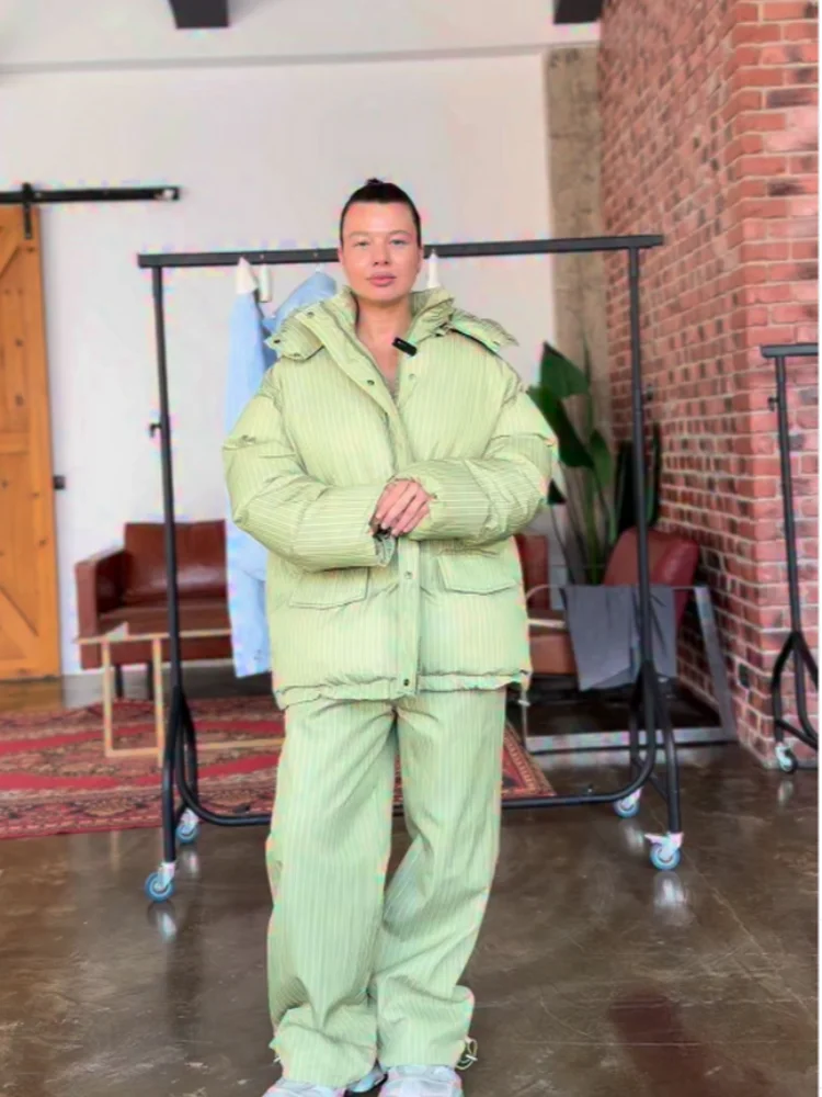 Women Striped Ski Suit 2 Pieces Set Hooded Puffer Jacket Wide Leg Snow Pants Winter Warm Waterproof Snowboard Outfit Tracksuit