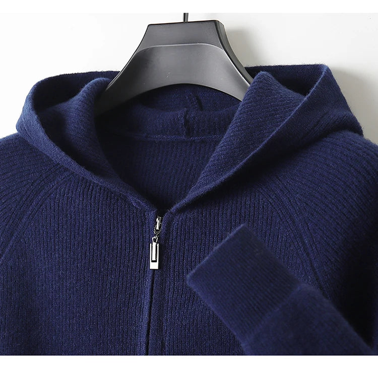 Autumn and Winter 100% Pure Cashmere Cardigan Men's Hoodie Zipper Thick Sweater Loose Plus Size Wool Knitted Sweater Coat