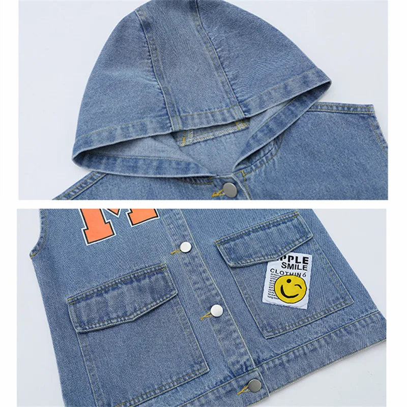 Korean Kids Vintage Hoodies Denim Vest For Girls Casual Streetwear Clothing Teens Child Hooded Denim Waistcoat Jacket Outfits