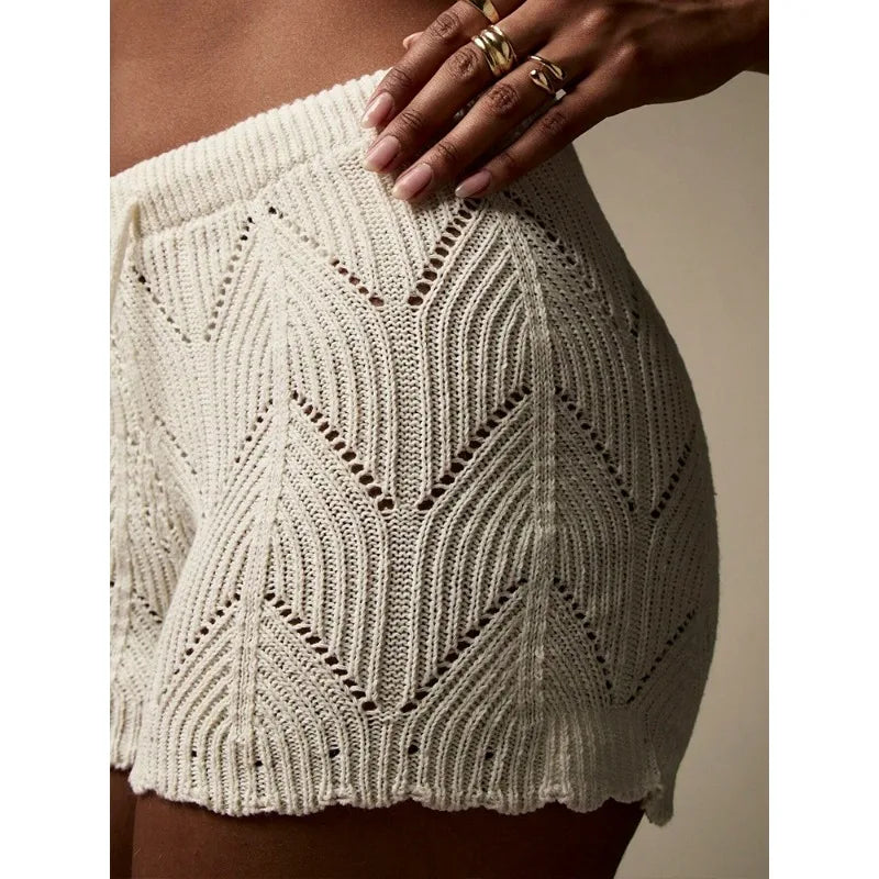 Women's Crochet Knitting Drawstring Shorts Comfortable Casual Beach Cover Ups Summer 2026 Vacation Bathing Suit Bikini Cover Up