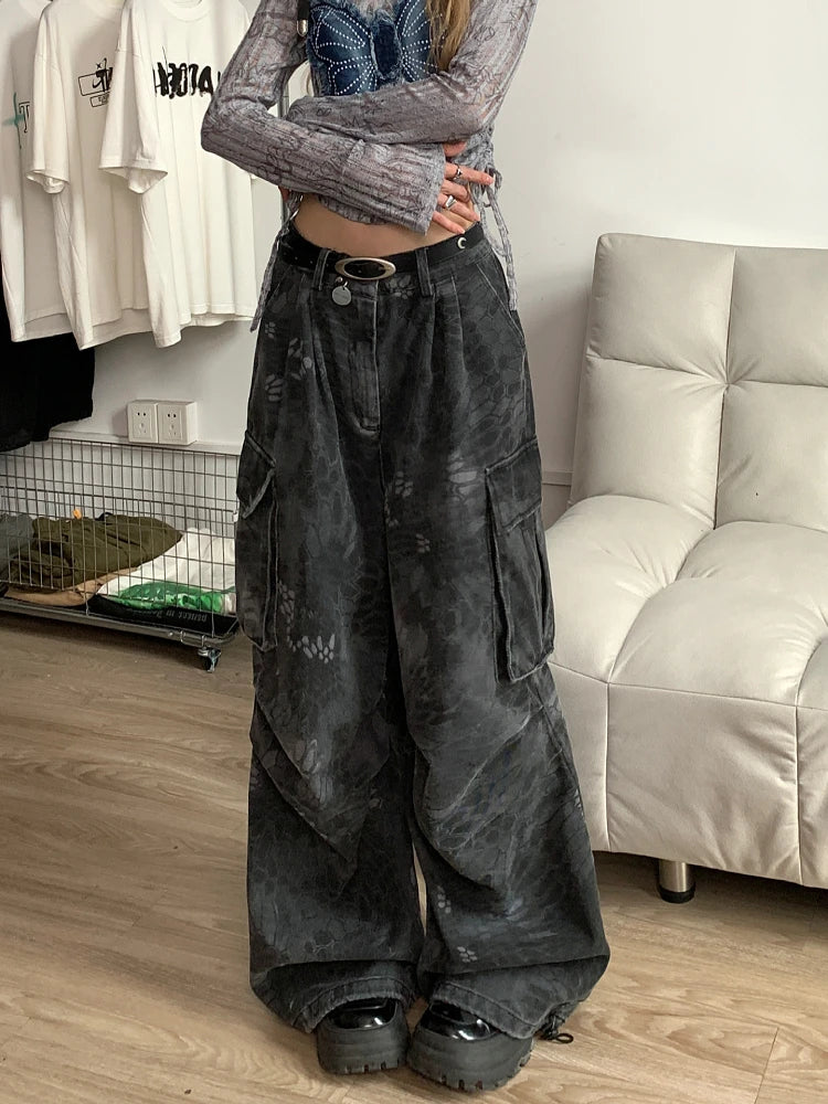 Plus Size Womens Loose Jeans Casual Comfort Stretch Denim Pants Wide Leg Trousers Camo Snake Design Trendy