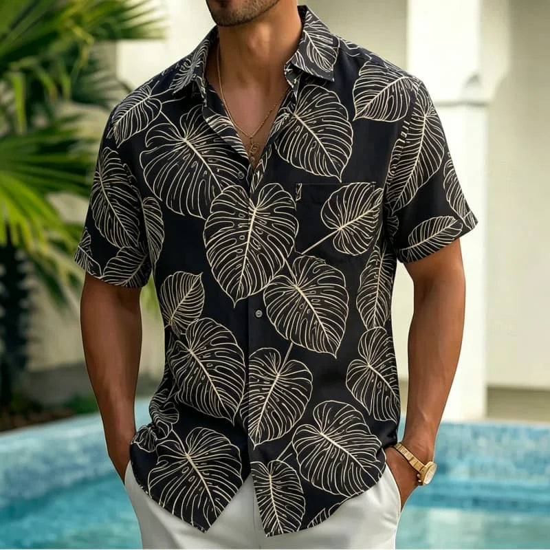 Men's Line Drawing Style Tropical Printed Short Sleeved Pocket shirt, Fresh And Simple style, For Vacation And Daily Wear