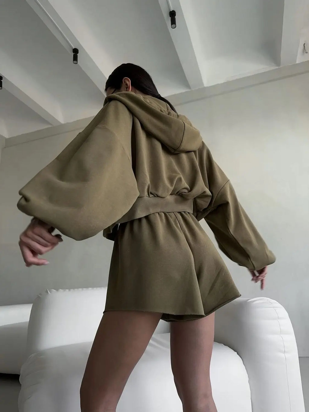 Women's Outfit Long-Sleeve Hooded Drawstring Sweatshirt Shorts Set Two-Piece Sets Sports Suit Sportswear Streetwear Trendy