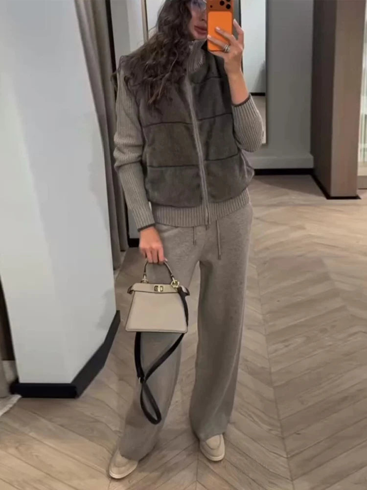 2026 Spring Knitted Long Pants Sets For Women Faux Fur Patchwork Zipper Sweater Jacket Wide Leg Trousers Lady Chic 2 Pieces Sets