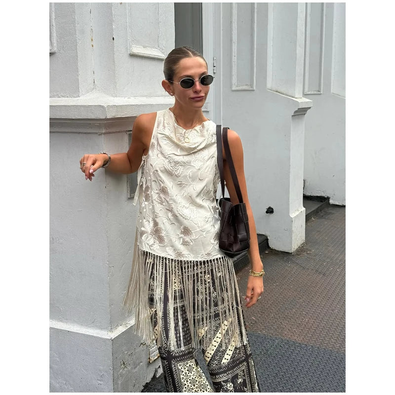 Vintage Embroidered Blouse Tie V Neck Cutout Patchwork Fringe Hem Puff Long Sleeve Tunic Cover Up Women's Relaxed Holiday Wear
