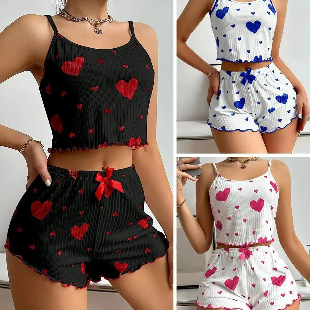 Women 2pcs Pajama Set Spaghetti Strap Ruffle Trim Round Neck Sleeveless Cami & Shorts Spring Summer Fall Coquette Bow Print ﻿
