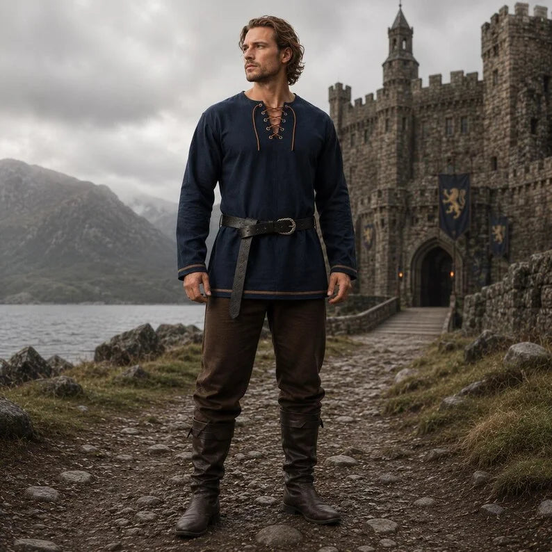 Men Medieval Lace Up Linen Long Sleeve Tunic Viking Pirate Renaissance Cosplay Shirt With Vintage Embossed Leather Belt