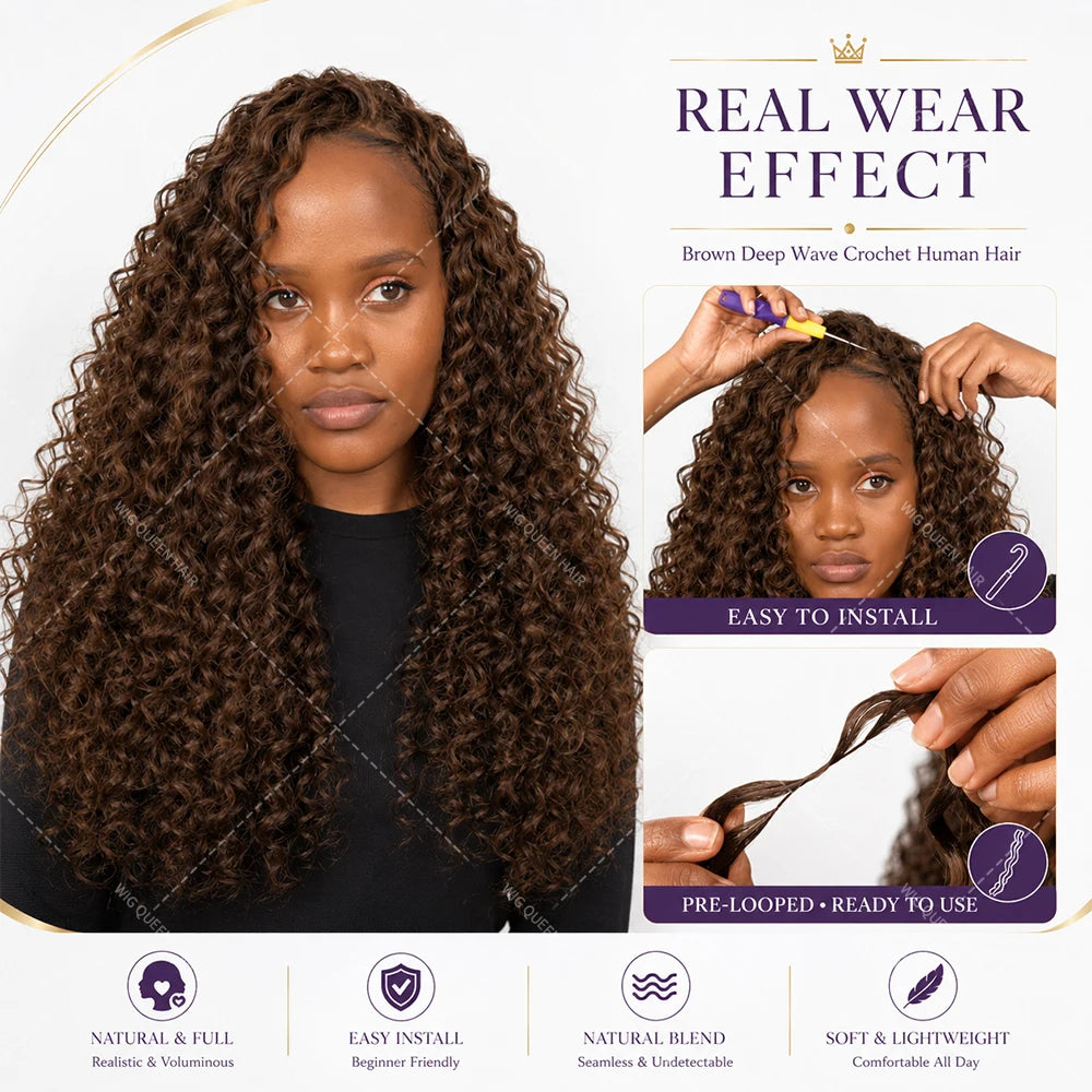Brown Deep Wave Crochet Human Hair Extensions Miracle Knots Feather Crochet Pre Separated Remy Hair Soft Full Natural Look