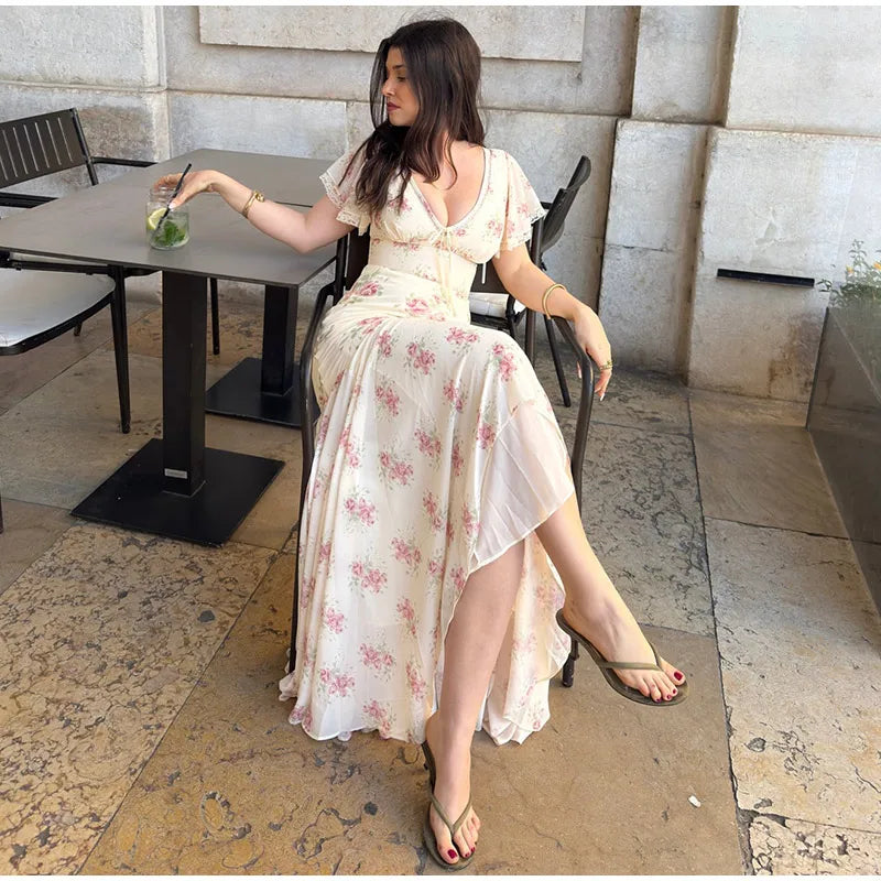 Elegant Sexy Print Fish Dress Women V Neck Short Sleeves High Waist Ruffles Split Vestidos Female 2026 Summer New Chic Dresses