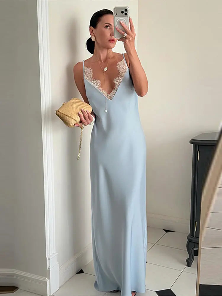 Elegant Lace Patchwork Women's Dress V-Neck Slip Top Sleeveless Lady Long Dresses 2026 Summer Autumn Vacation Female Robe