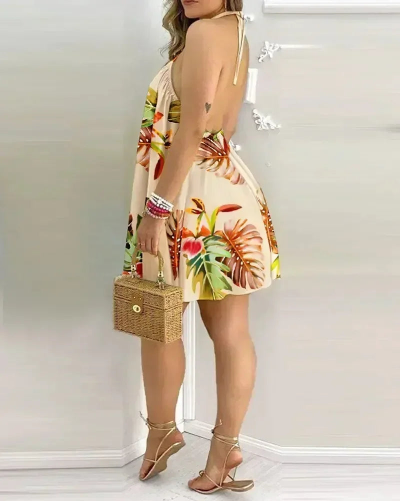 Women Halter Neck Swing Mini Dress Tropical Floral Leaf Print Loose A Line Sleeveless Beach Vacation Dress