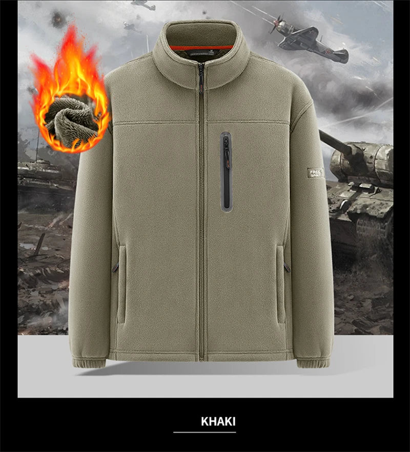 Solid Men's Fleece-Lined Bomber Jacket New Arrival Winter Windproof Stand-Collar Zip-Up Thicken Warm Plush Coat Fashion Clothing