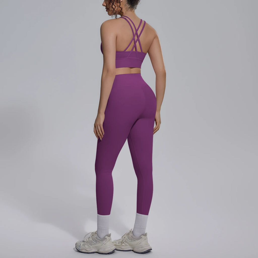 2PCS Yoga Set Summer Gym Sports Running Yoga Clothing Solid Color Cross Bra Workout Top High Waisted Quick Drying Fitness Pants