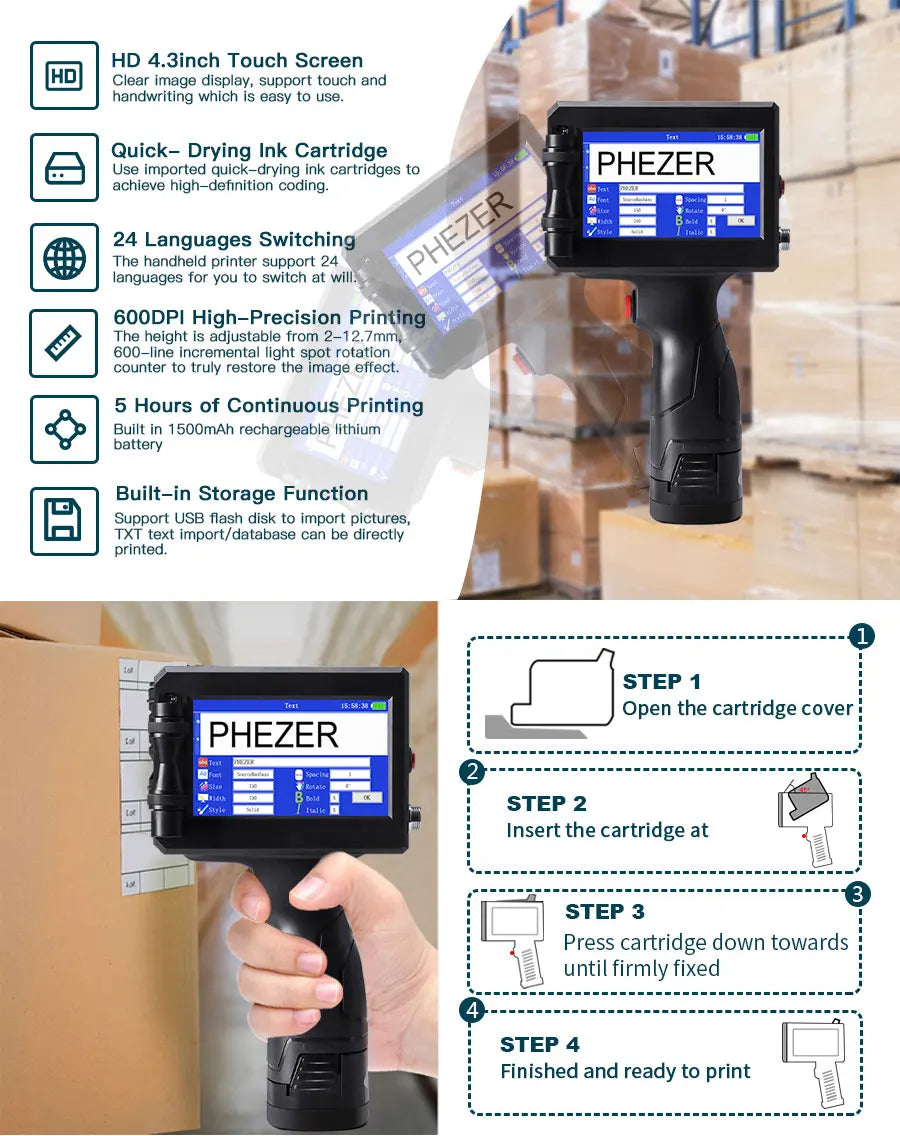 Phezer P15 Handheld Inkjet Printer 12.7mm QR Code Barcode Batch Code Date Number Logo Expiry Date Label Printer 28 Languages