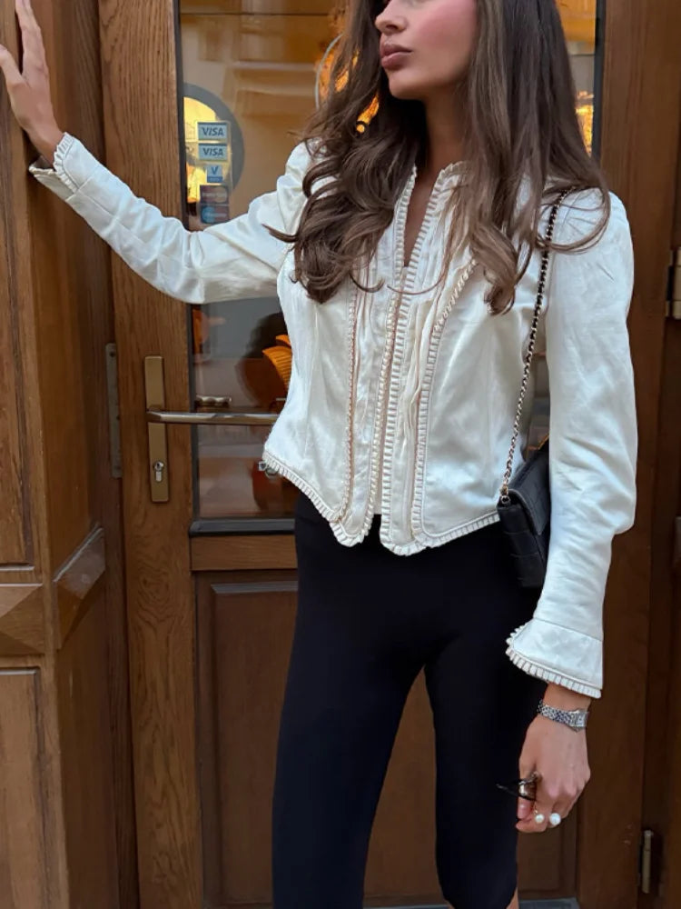 Solid Satin Lace V-Neck Puff Sleeve Blouse Curved Hem Slim Fit 2026 Summer Glam Women Satin Shirt Parisian Versatile Lady Blusa