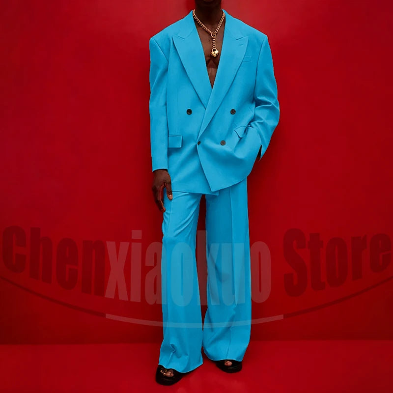 Men's Double Breasted Suit Set Oversized Blazer and Wide-Leg Trousers Fashion Casual Formal Outfits for Streetwear Party