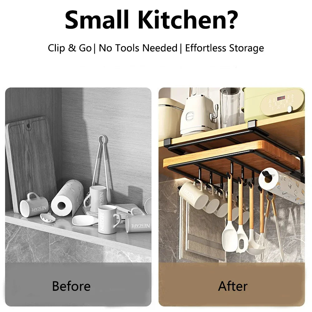 Under Cabinet Kitchen Organizer Rack Hooks Multi-Purpose Storage Shelf Portable Storage For Paper Towel Cutting Board Pot Lids