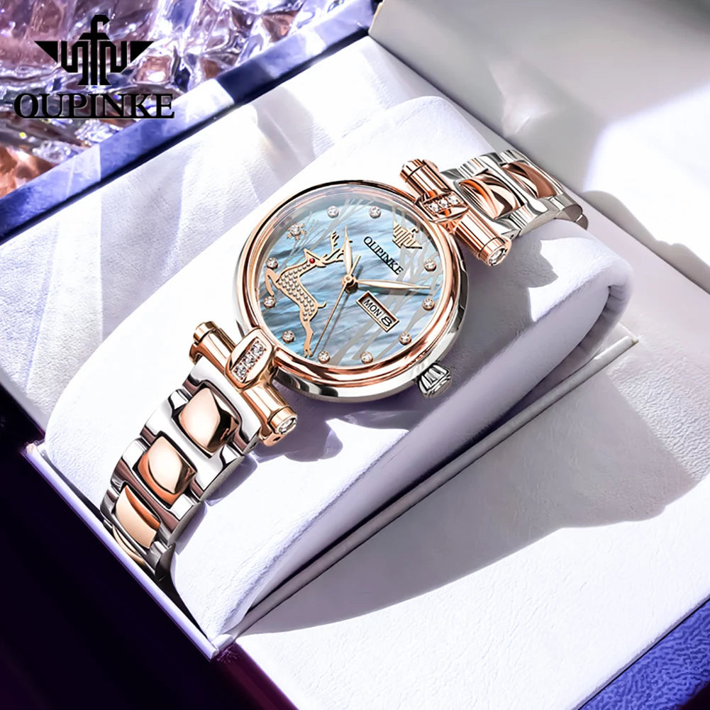 OUPINKE 3180 Women Mechanical Watch Rose Gold Luxury Elegant Diamond Watch Brand Original Dress Bracelet Women Watch Gift Box