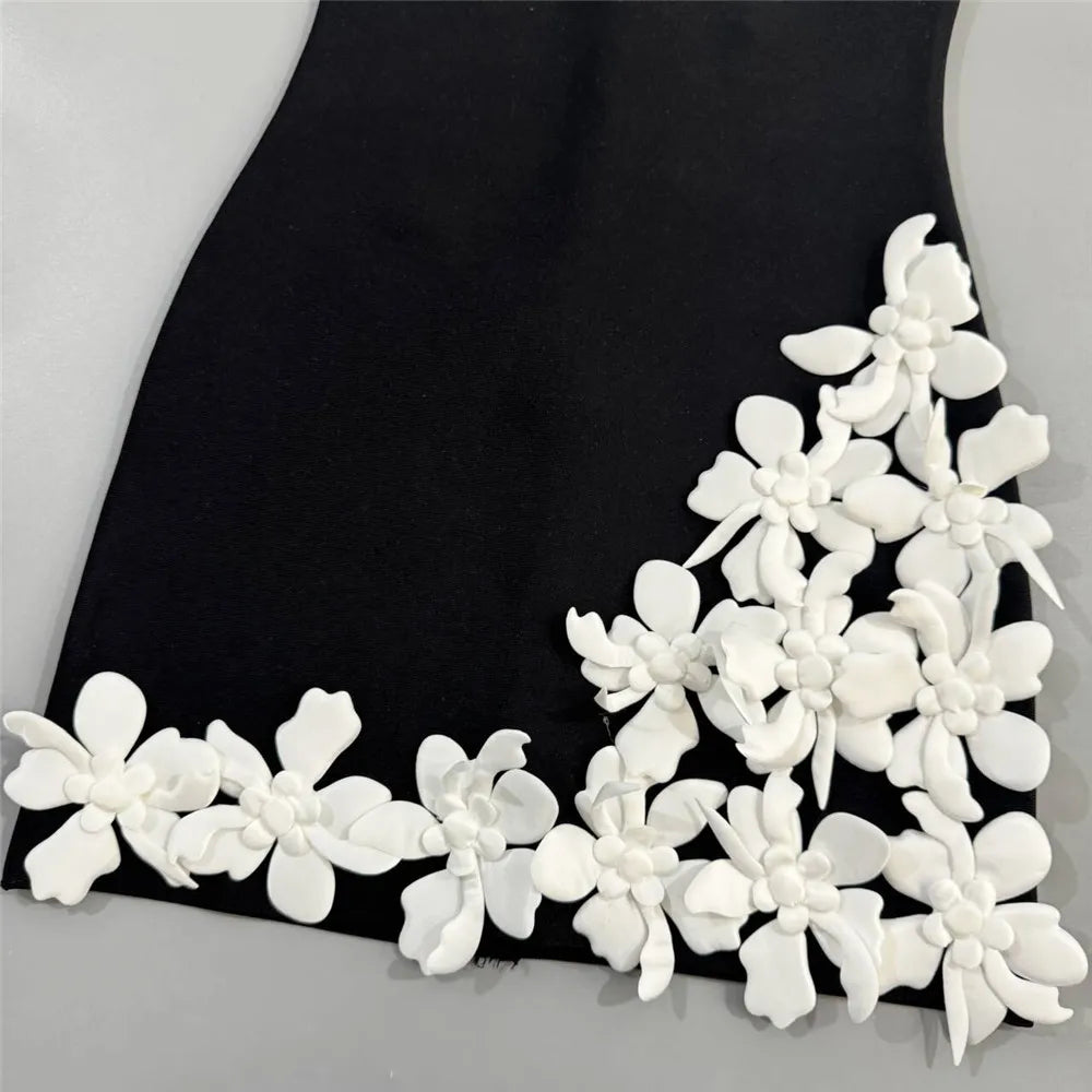 Women Simple 3D Floral Appliques Spaghetti Strap Bandage Dresses Deep V-Neck Backless Club Party Mini Dress