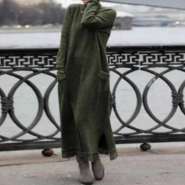 Women's Maxi Dress Autumn Winter Fashion New Style Elegant Loose Long Sleeve Hoodie Retro Casual Thick Warm Dresses For Women