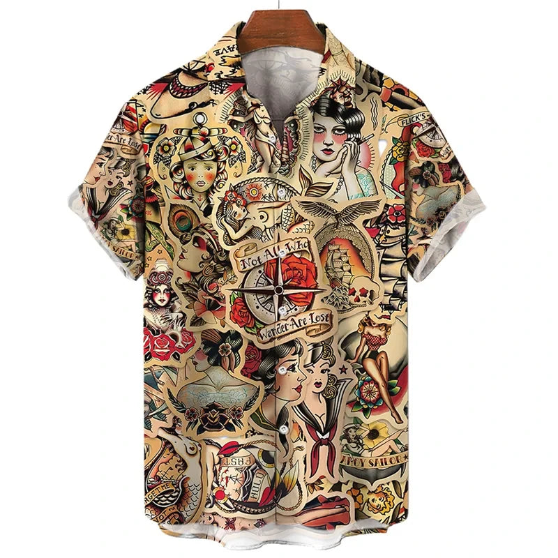 3D retro digital printed men's lapel short sleeved shirt