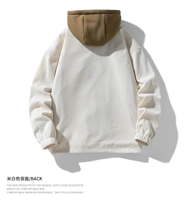 2025 New Corduroy Jacket Men's Harajuku Japanese Windproof Warm Fake Two-piece Hooded Coat Womens Casual Loose Pocket Jacket 4XL