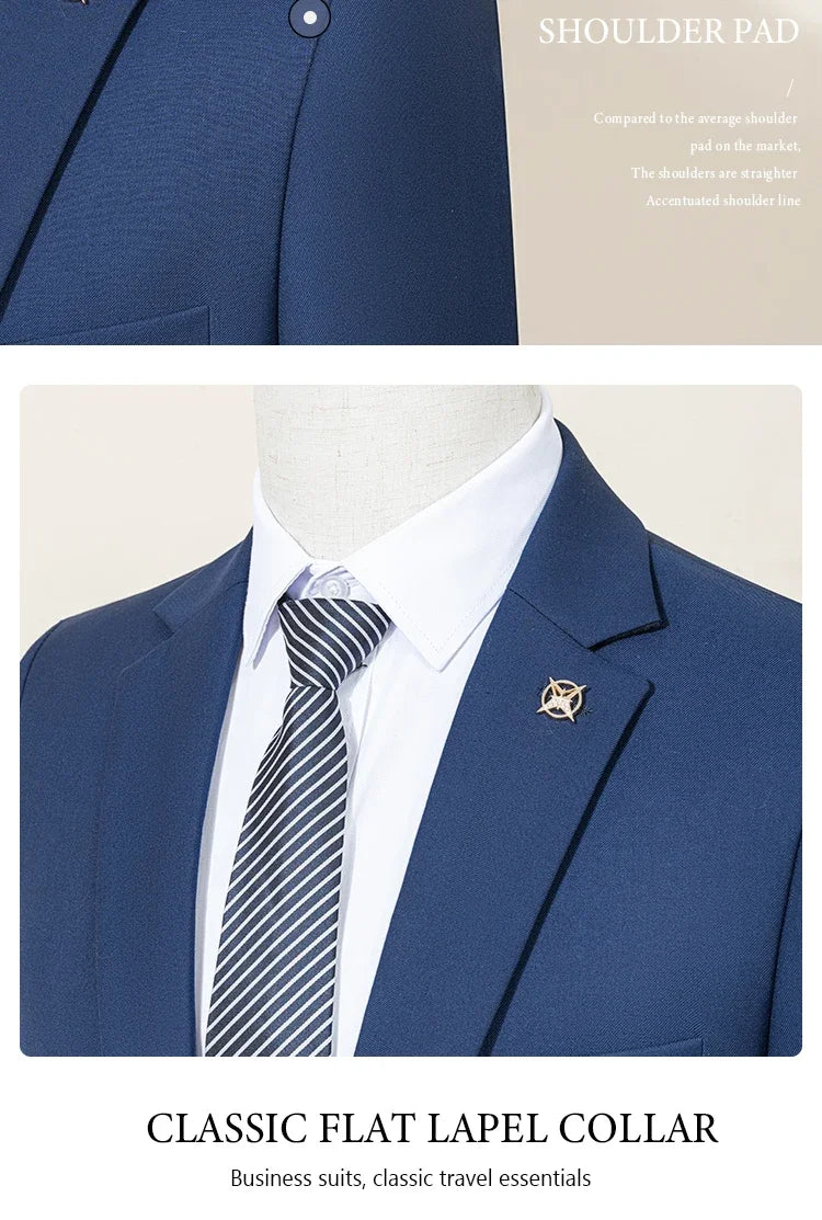 ST Cassy Dark Blue Men's Suit Slim Fit Solid Color Suit Formal Business Office Single Breasted Coat Pants 2 Pieces Set