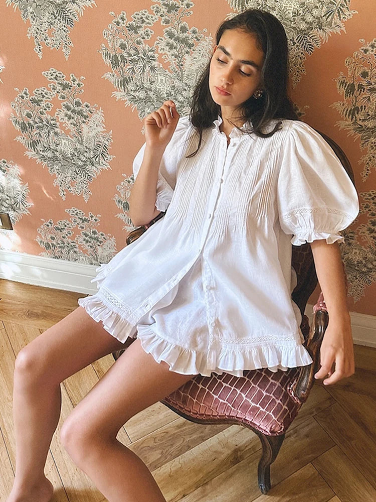 Casual Print Women Shorts Set Ruffles Puff Sleeve Button Top Empire Elastic Waist Pants 2026 Summer Autumn Beach Lady Outfit New