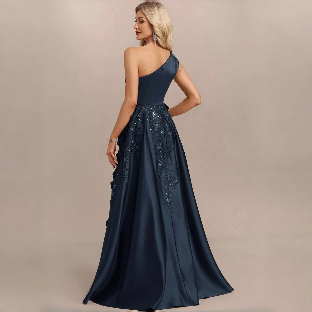 One Shoulder Satin Bridesmaid Dresses 3D Floral Applique Sequin High Slit Overskirt Formal Evening Maxi Gown Wedding Party Dress