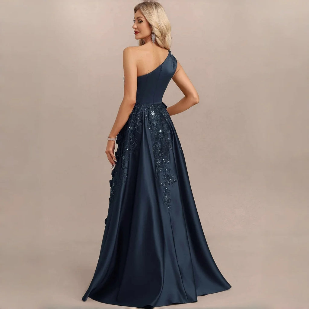 One Shoulder Satin Bridesmaid Dresses 3D Floral Applique Sequin High Slit Overskirt Formal Evening Maxi Gown Wedding Party Dress