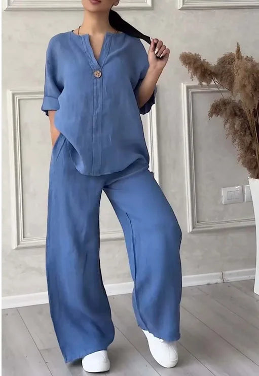 Spring Autumn Fashion Cotton And Linen Solid Two Piece Set Women Causal Loose V-neck Top Wide Leg Pants  2 Piece Sets Woman