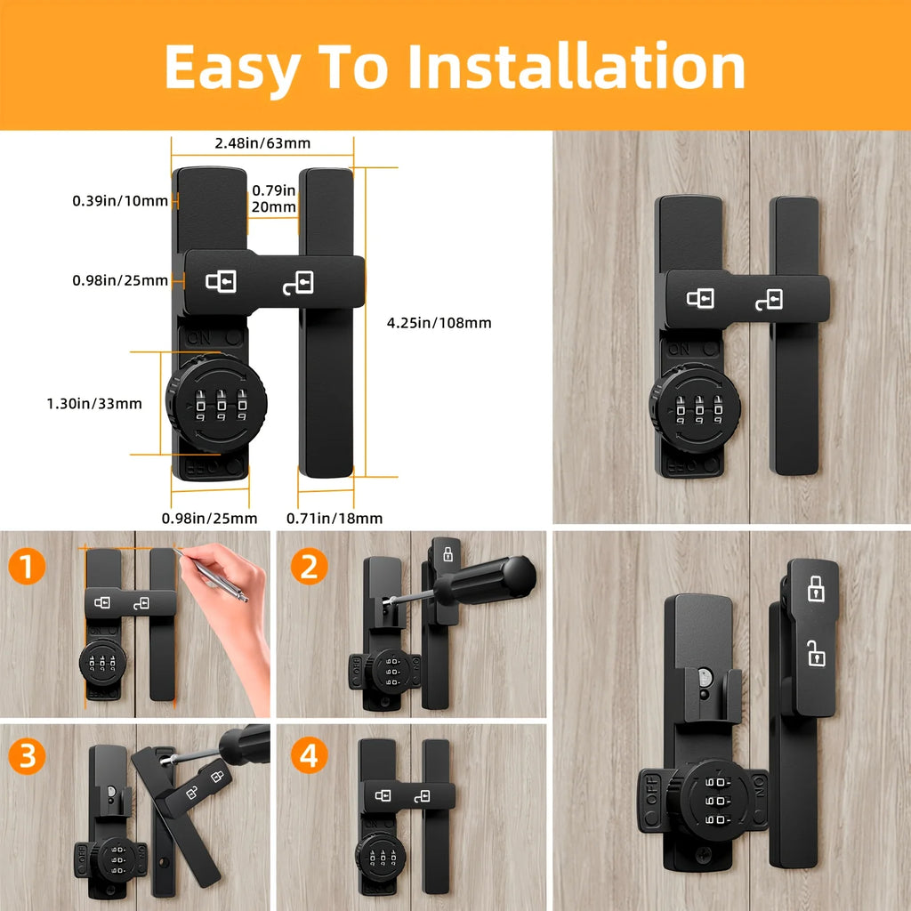 Password Door Lock and Deadbolt, 180 Degree Sliding French Barn Door Lock with 3 Digit Combination Lock, Keyless Cabinet