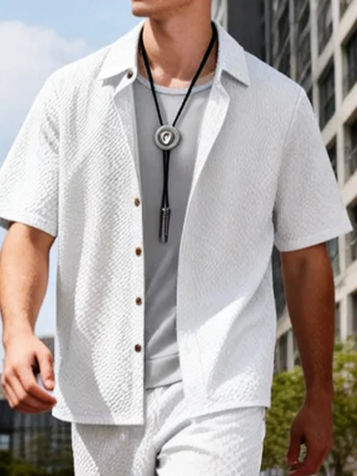 Men's Beach Casual Wear: Bubble Fabric Shirt Set, Loose Fit, Turn-down Collar, Buttoned Cardigan, Men's Cotton Summer Daily Apparel