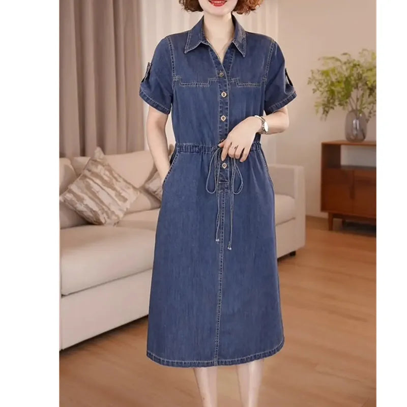 Denim Dress For women Summer 2026 New Female Single Breasted Short sleeved Slim Temperament Casual Dresses With pockets