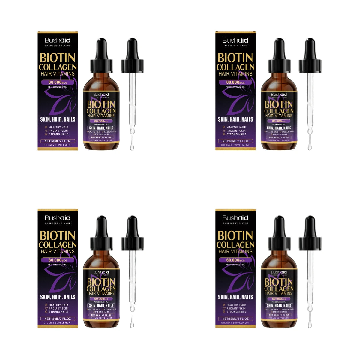 BushAid Biotin Collagen Hair Vitamins Liquid Drops Supports Strong Hair Structure and Helps Maintain Nail Toughness 60ml