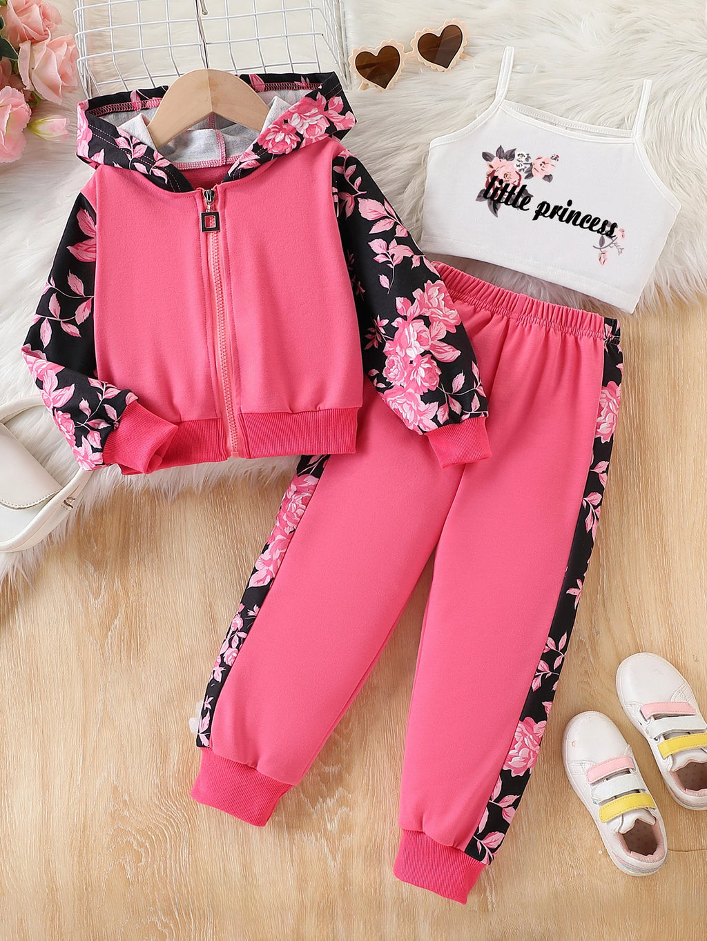 3-Piece Set for Girls, Spring and Autumn Fashion Casual Floral Patchwork Hooded Long-Sleeve Zip-Up Jacket + Printed Camisole + Pants Set, Outdoor Sportswear for Little Girls