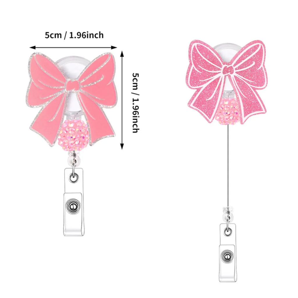Pink Bow Badge Reel Cute Badge Reel with Alligator Clip ID Badge Holder Funny Sparkly Glitter Retractable Nursing Badge Reels