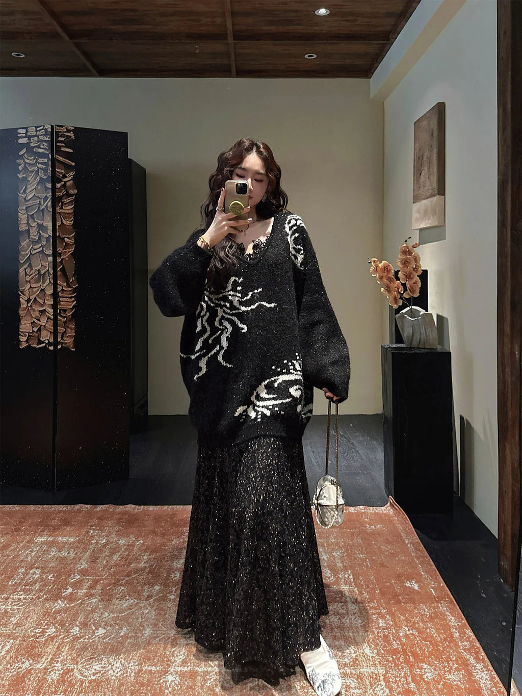 Sanji Bla Flower New Chinese Sle Gold Tead Alpaca Yarn V-ne Sweater Women's Winter Top Warmth Feat Long Sve Crew Ne