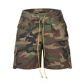 2025 New High Street Trend Drawstring Tie Waist Washed Vintage Casual Camouflage Multi Pocket Cargo Shorts