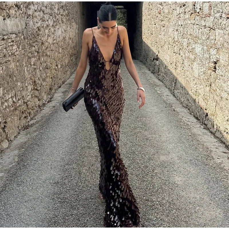 Women Sequin Sling Maxi Dress V-neck Solid Backless High Waist Sleeveless Dresses 2025 Fashion New Summer Lady Party Robes