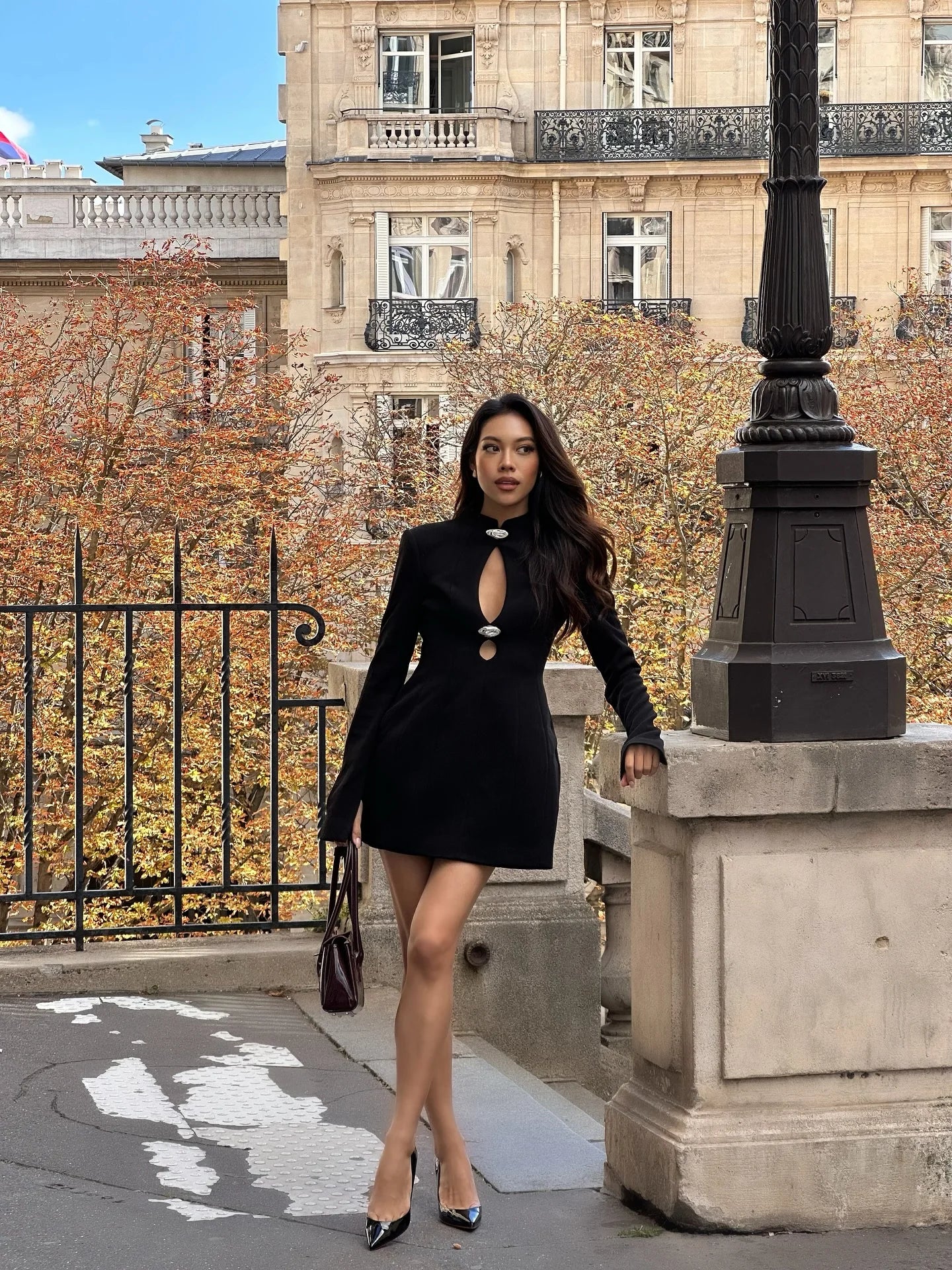 Elegant Hollow Out Mini Dress Women Sexy Long Sleeve Bodycon Waist Cinching Vestidos 2025 Chic Autumn Office Lady Commute Robes