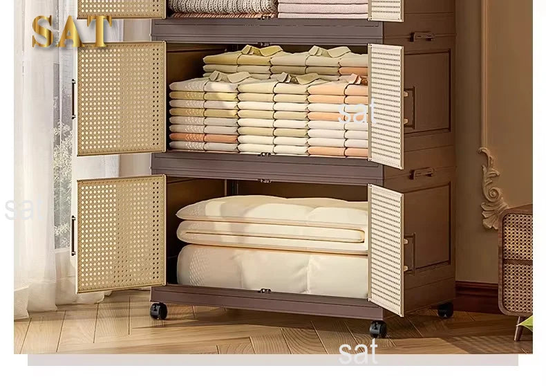 #Retro Storage Cabinet, Tall Wooden Foldable Cabinet for Living Room, Large Capacity Space Saving