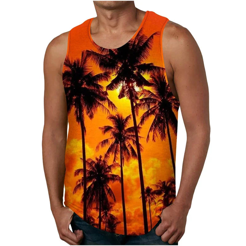 vintage Summer 3D New Coconut Trees Printed Tank Top Tropical Leaves Graphic Tank Tops Men Fashion Cool Streetwear Clothing Vest