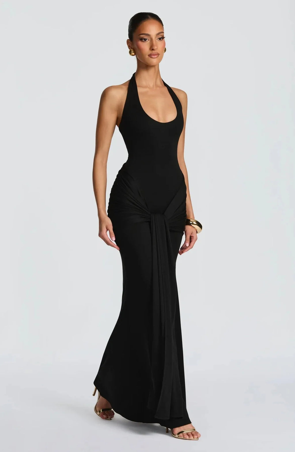 Stylish Lady Elegant Halter Neck Maxi Dress 2026 Summer Women White U-Neck Ruched Draped Sleeveless Bodycon Formal Party Dress