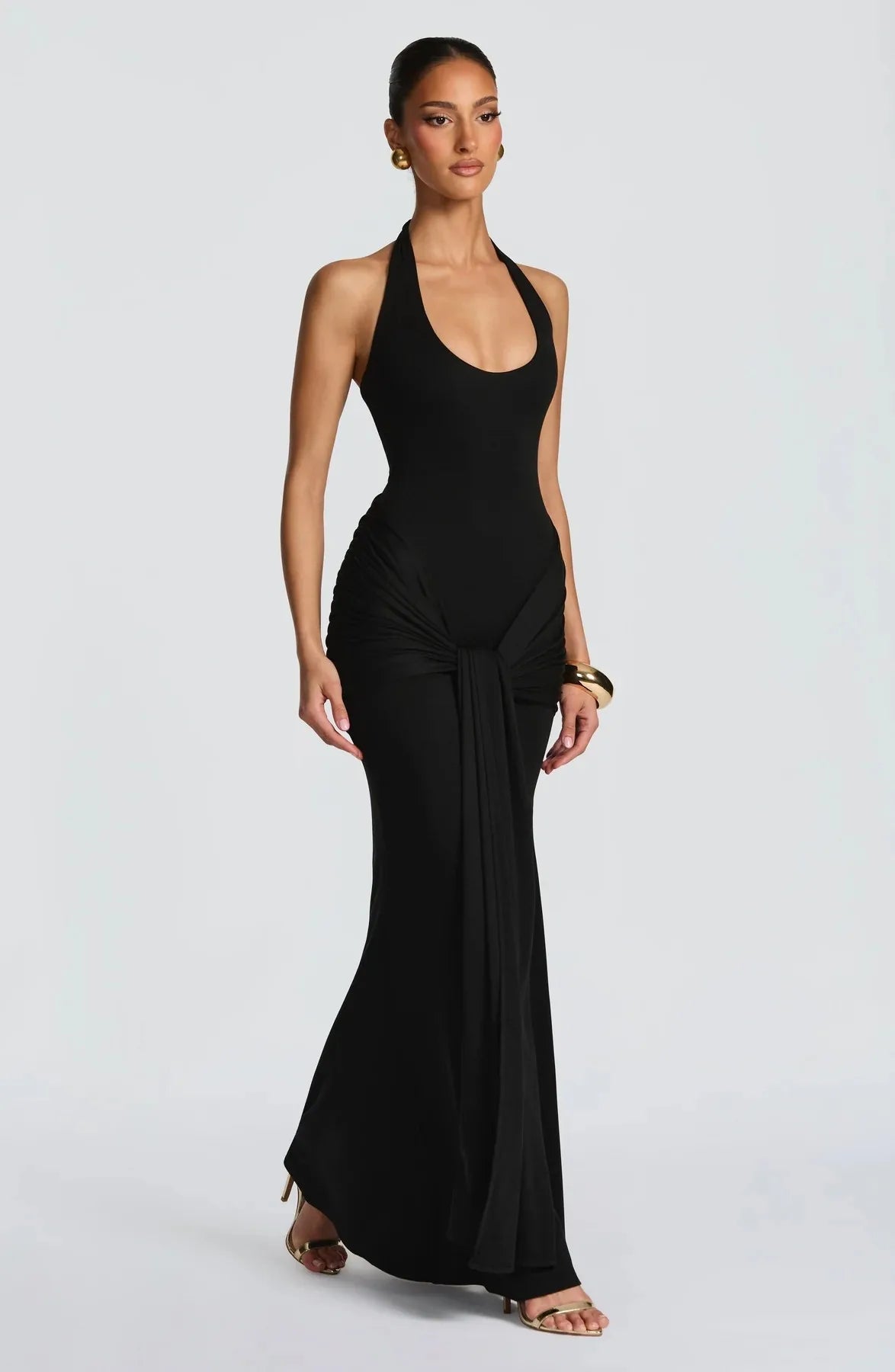 Stylish Lady Elegant Halter Neck Maxi Dress 2026 Summer Women White U-Neck Ruched Draped Sleeveless Bodycon Formal Party Dress