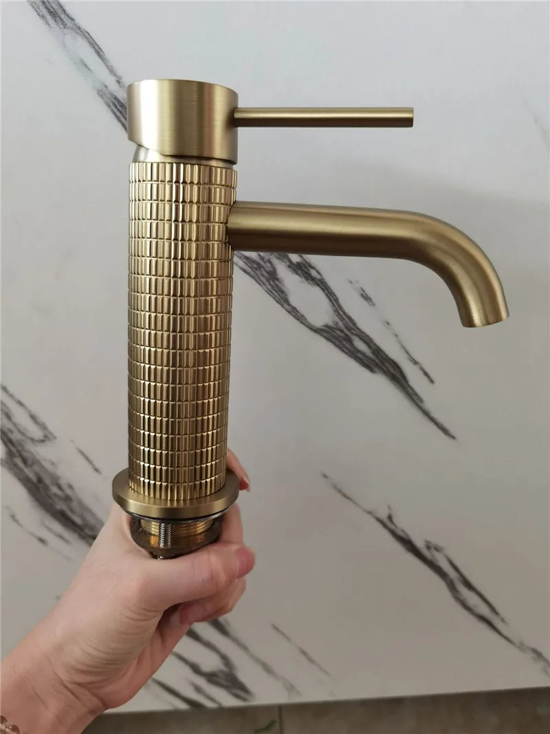 Brushed Rose Gold Bathroom Faucet Brushed Gold Basin Faucet Art Carved Sink Tap Hot & Cold Grey Lavatory Faucet Crane Water Tap