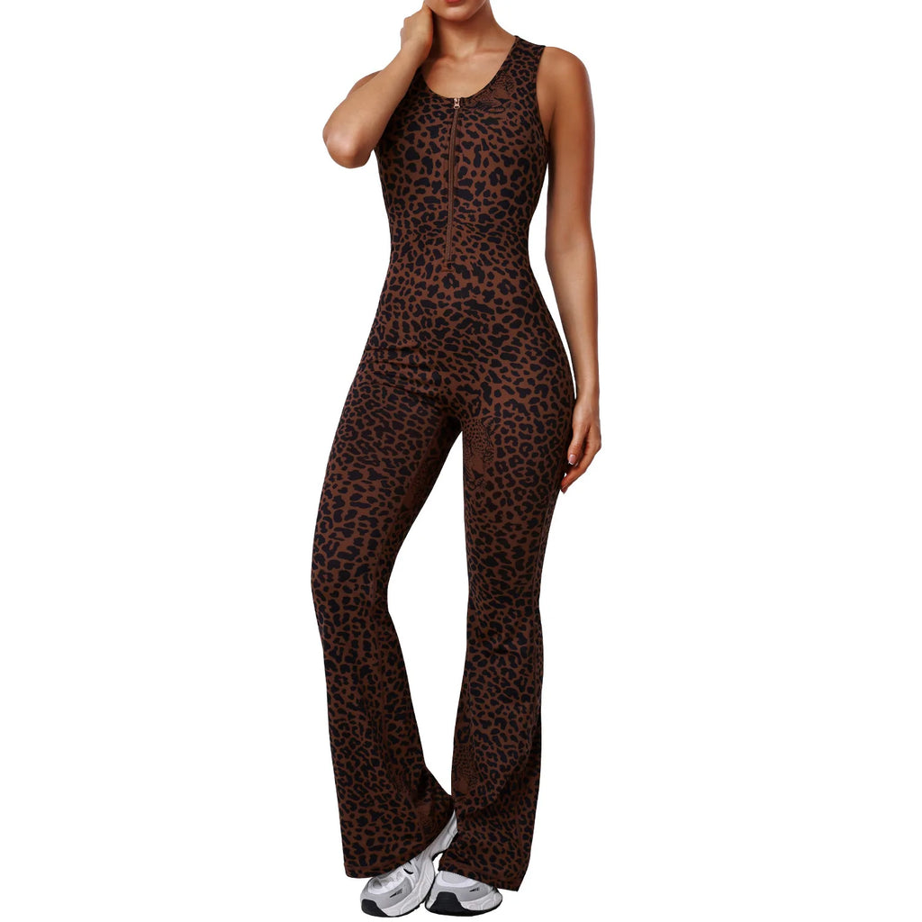 Sexy Hollow Backless Sport Flare Legging Jumpsuit Scrunch Butt Women Clothing Fashion Leopard Sleeveless Zipper Fitness Overalls
