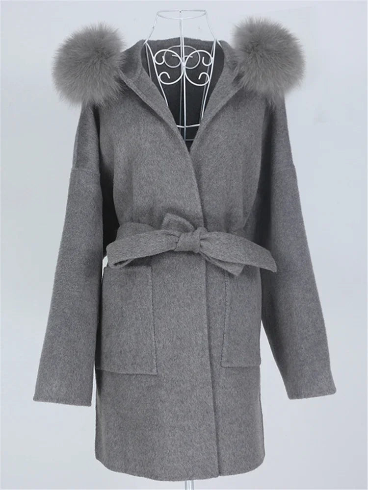 Real Fur Wool Outerwear Wool Blends Coat Natural Fox Fur Collar Hooded Cashmere Winter Jacket for Women Streetwear High Street
