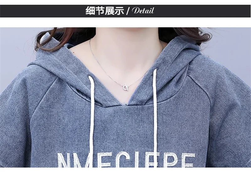 Summer Thin Jeans Set Women Fashion Short Sleeve Hooded Pullover Tops + Elastic Waist Wide Leg Pants 2PCS Female Denim Outfit
